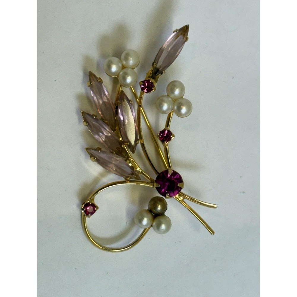 Pink Rhinestones & Faux Pearl Brooch Vintage Gold Tone Flower Bouquet